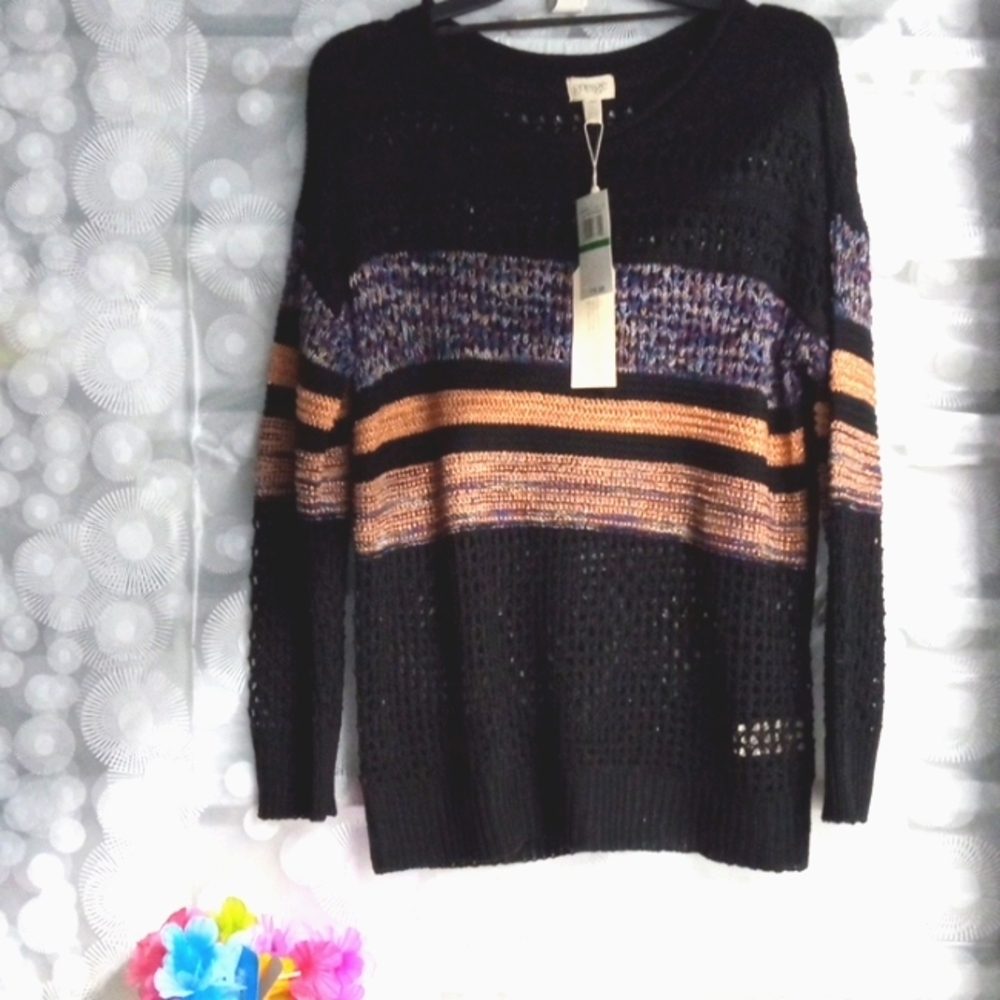 GREIGE BLACK ROSE GOLD COMBO RAW FABRIC CROCHET SWEATER SIZE LARGE NWT